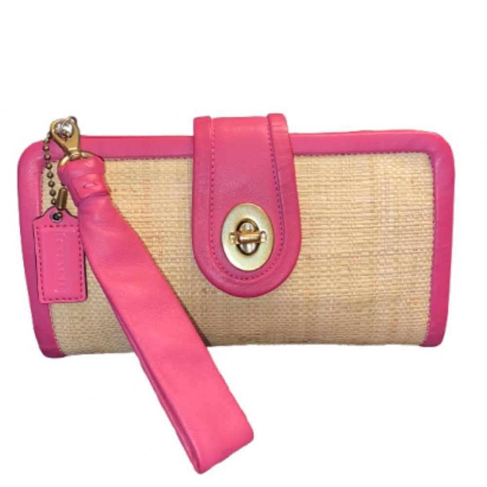 coach Parker 2008 straw woven w/ pink leather wristlet turn lock